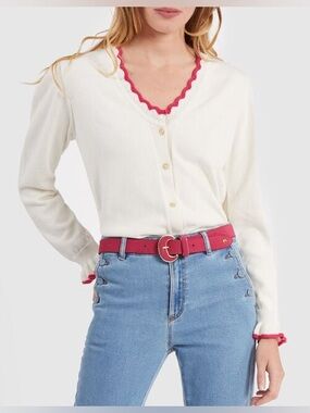 Boden Cream Cardigan with Pink Trim